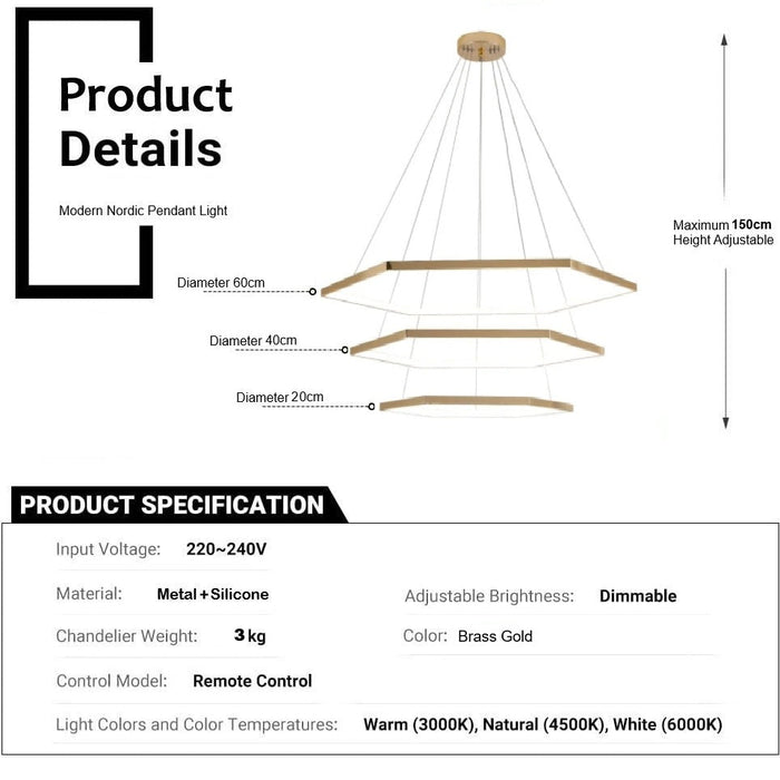 BAMDECOR AD2582/3 Modern LED Chandelier, Hexagonal Rings Ceiling Lighting Contemporary Chandeliers (3 Rings - Gold) - Amazingooh Wholesale