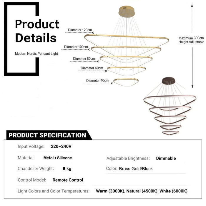 BAMDECOR AD2583 Modern Triangular LED Chandelier (Five Rings - Gold/Black) - Amazingooh Wholesale