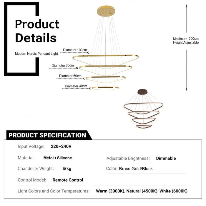 BAMDECOR AD2583 Modern Triangular LED Chandelier (Four Rings - Gold/Black) - Amazingooh Wholesale