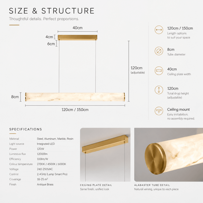 Bamdecor Antique Brass Alabaster Faux Marble Pendant Light 150cm/120cm (Brass Gold) - Amazingooh Wholesale