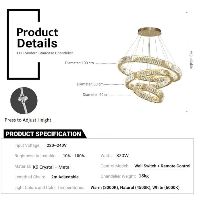 BAMDECOR C3320 Modern Crystal Chandeliers Lighting Fixtures Contemporary Round Chandelier Lighting Fixtures Crystal Pendant Ceiling Lights(3 Rings Gold - 100+80+60cm) - Amazingooh Wholesale