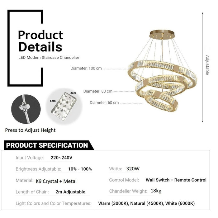 BAMDECOR C3320 Modern Crystal Chandeliers Lighting Fixtures Contemporary Round Chandelier Lighting Fixtures Crystal Pendant Ceiling Lights(3 Rings Gold - 100+80+60cm) - Amazingooh Wholesale