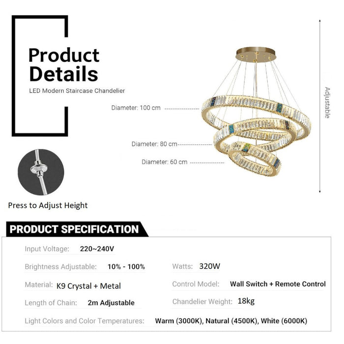 BAMDECOR C3320 Modern Crystal Chandeliers Lighting Fixtures Contemporary Round Chandelier Lighting Fixtures Crystal Pendant Ceiling Lights(3 Rings Gold - 100+80+60cm) - Amazingooh Wholesale