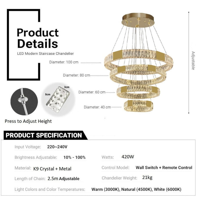 BAMDECOR C3320 Modern Crystal Chandeliers Lighting Fixtures Contemporary Round Chandelier Lighting Fixtures Crystal Pendant Ceiling Lights(4 Rings Gold - 100+80+60+40cm) - Amazingooh Wholesale