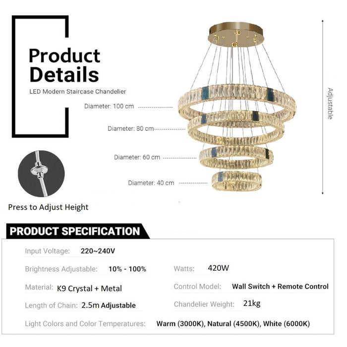 BAMDECOR C3320 Modern Crystal Chandeliers Lighting Fixtures Contemporary Round Chandelier Lighting Fixtures Crystal Pendant Ceiling Lights(4 Rings Gold - 100+80+60+40cm) - Amazingooh Wholesale