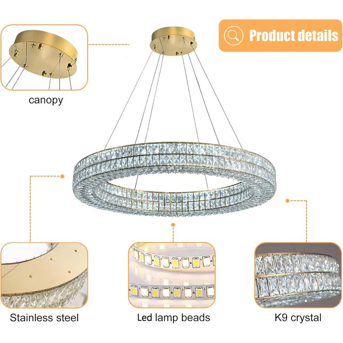 BAMDECOR C3332/1 Round Luxury Crystal Chandelier Modern LED Crystal Chandelier LED Ring Pendant Light Stainless Steel Ceiling Lamp Hanging Lights,for Dining Living Room (Gold) - Amazingooh Wholesale