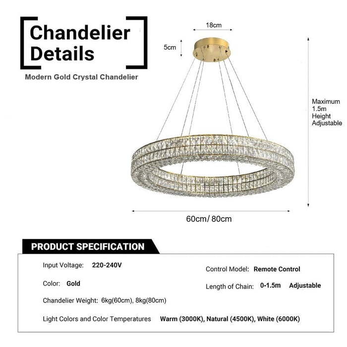 BAMDECOR C3332/1 Round Luxury Crystal Chandelier Modern LED Crystal Chandelier LED Ring Pendant Light Stainless Steel Ceiling Lamp Hanging Lights,for Dining Living Room (Gold) - Amazingooh Wholesale