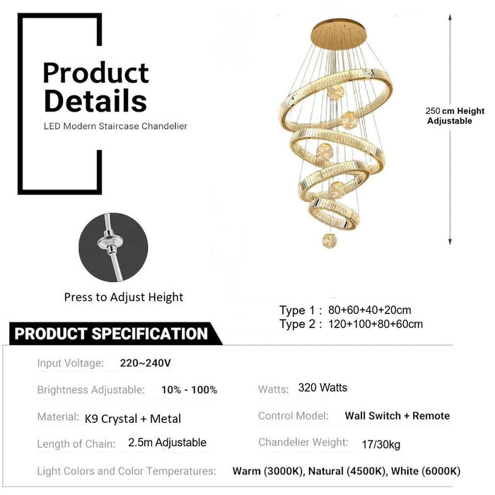 BAMDECOR C3335 Large Swirl Modern Crystal Ring Chandeliers Contemporary Round Chandelier Crystal Pendant Light(Gold - Four Rings) (Copy) - Amazingooh Wholesale