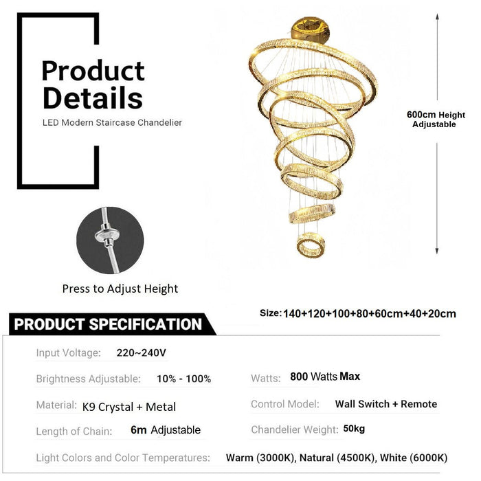 BAMDECOR C3335 Large Swirl Modern Crystal Ring Chandeliers Contemporary Round Chandelier Crystal Pendant Light(Gold - Seven Rings) - Amazingooh Wholesale