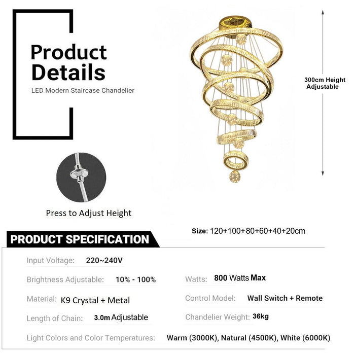 BAMDECOR C3335 Large Swirl Modern Crystal Ring Chandeliers Contemporary Round Chandelier Crystal Pendant Light(Gold - Six Rings) - Amazingooh Wholesale