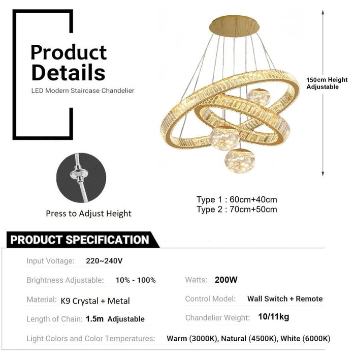 BAMDECOR C3335 Large Swirl Modern Crystal Ring Chandeliers Contemporary Round Chandelier Crystal Pendant Light(Gold - Two Rings) - Amazingooh Wholesale