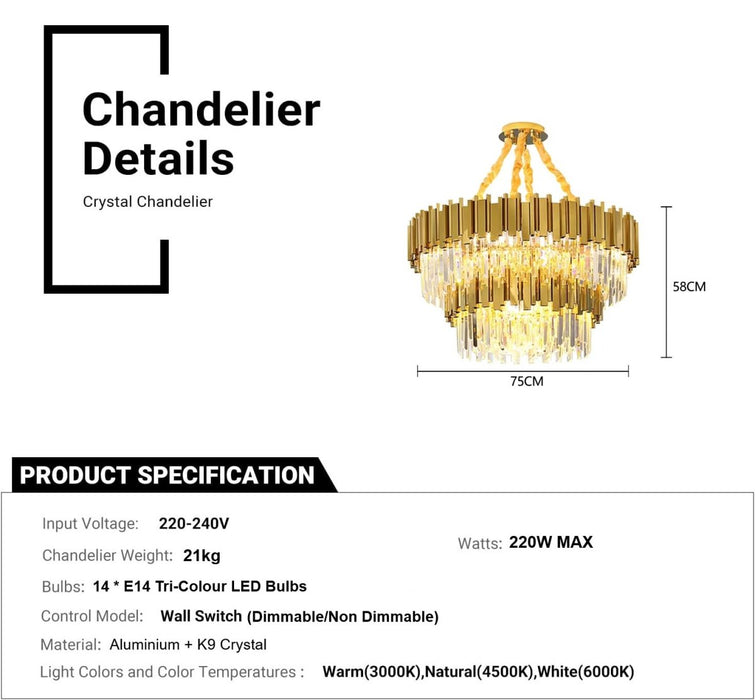 BAMDECOR C3356/2 Grande Two Layer Round Crystal Chandelier (Gold - 75cm) - Amazingooh Wholesale
