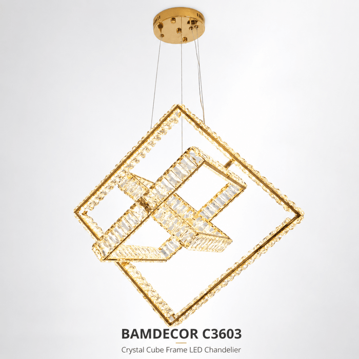 BAMDECOR C3603 Crystal Cube Frame LED Chandelier (Brass Gold) - Amazingooh Wholesale