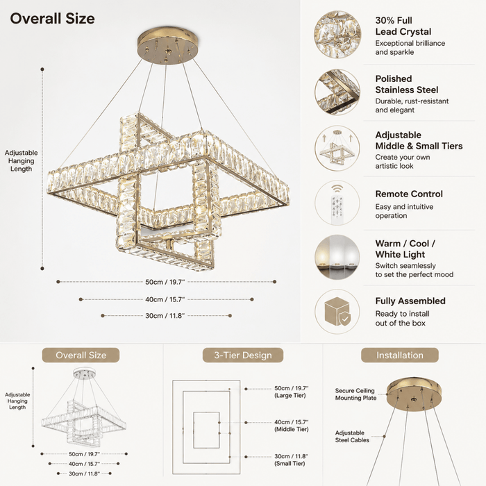 BAMDECOR C3603 Crystal Cube Frame LED Chandelier (Brass Gold) - Amazingooh Wholesale
