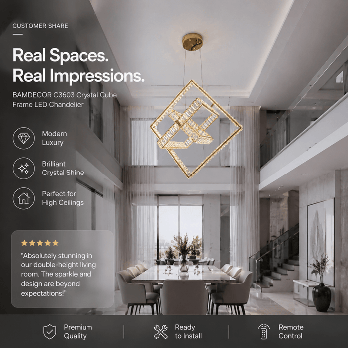 BAMDECOR C3603 Crystal Cube Frame LED Chandelier (Brass Gold) - Amazingooh Wholesale