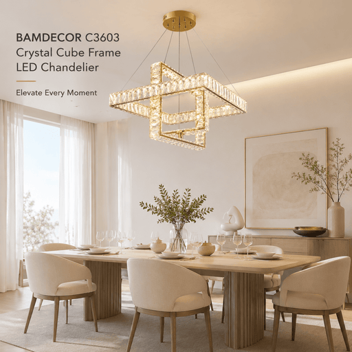 BAMDECOR C3603 Crystal Cube Frame LED Chandelier (Brass Gold) - Amazingooh Wholesale
