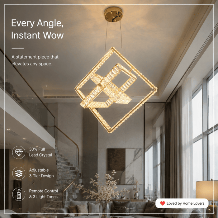 BAMDECOR C3603 Crystal Cube Frame LED Chandelier (Brass Gold) - Amazingooh Wholesale