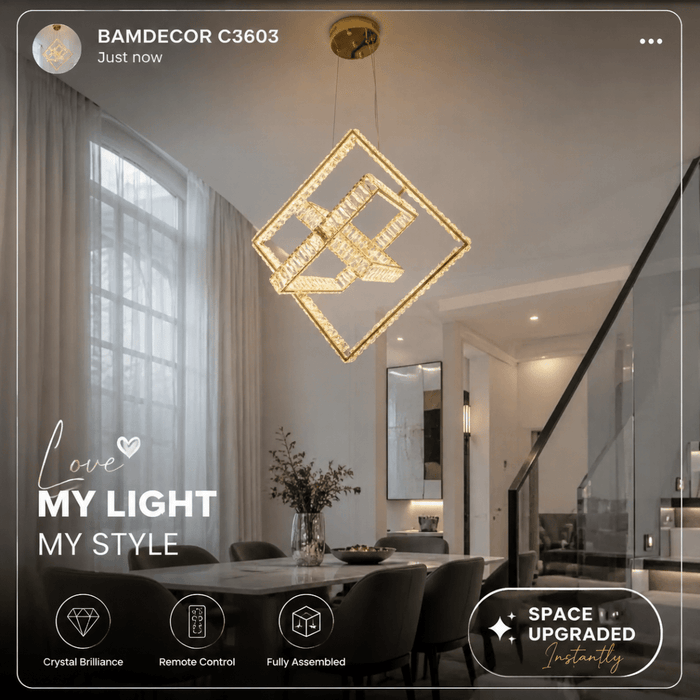 BAMDECOR C3603 Crystal Cube Frame LED Chandelier (Brass Gold) - Amazingooh Wholesale