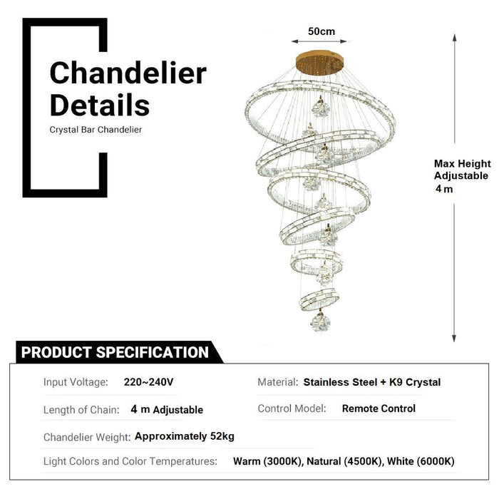 BAMDECOR C3618 Large Swirl Modern Crystal Ring Chandeliers Contemporary Round Chandelier Crystal Pendant Light(Gold-Six Rings) - Amazingooh Wholesale