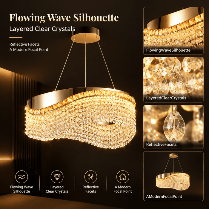 BAMDECOR C3628 Modern Luxury Crystal Ribbon Pendant Chandelier (Gold-60cm) - Amazingooh Wholesale