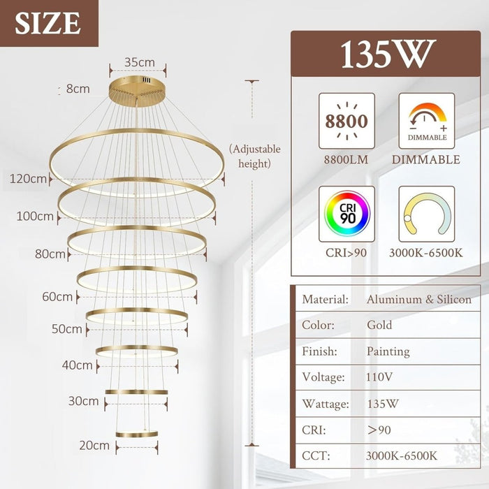 BAMDECOR Gold Nordic Home Decor Dining Room Pendant lamp lights Ceiling Lamp Hanging Light Chandelier Lamps (8 Rings - Gold) - Amazingooh Wholesale