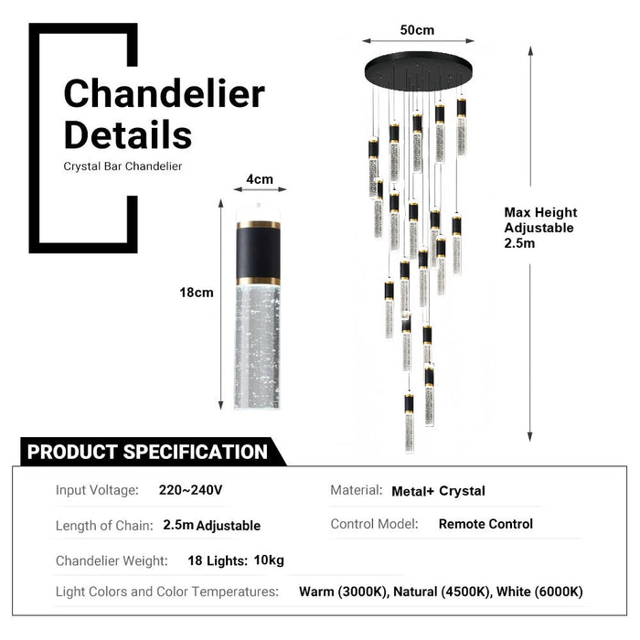 BAMDECOR LT01 Modern Bar 18 - Lights Black and Gold Crystal Modern Led Chandelier for Dining Room, Luxury Dimmable Enterway Led Pendant Lights Fixture with Remote Control Flush Mount - Amazingooh Wholesale