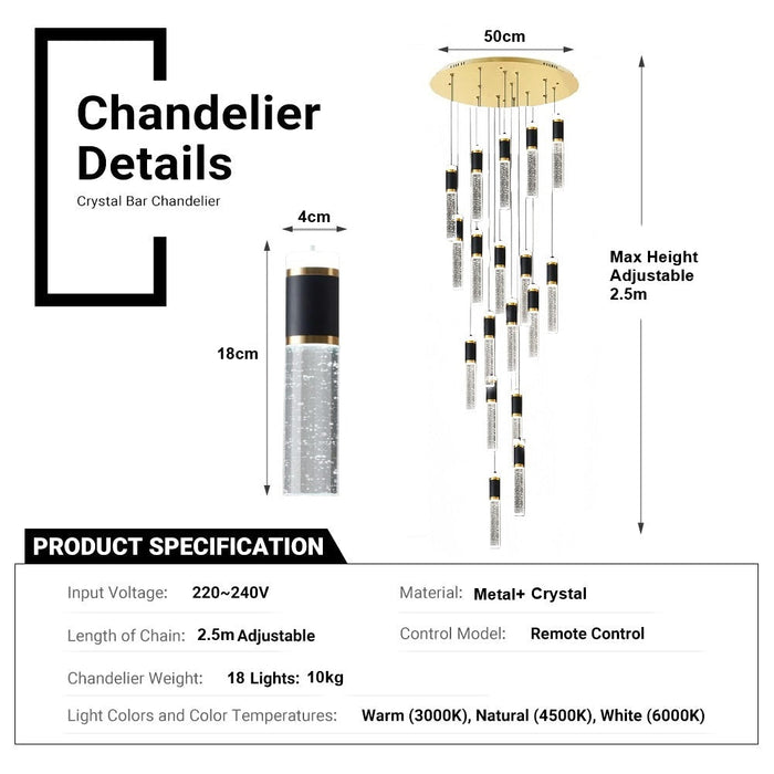 BAMDECOR LT01 Modern Bar 18 - Lights Black and Gold Crystal Modern Led Chandelier for Dining Room, Luxury Dimmable Enterway Led Pendant Lights Fixture with Remote Control Flush Mount - Amazingooh Wholesale