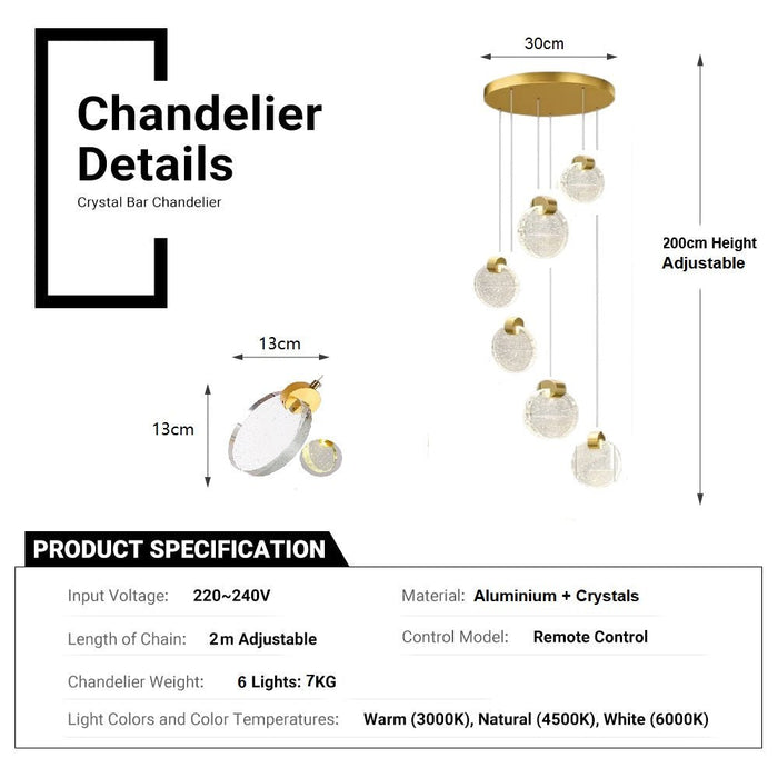 BAMDECOR LT03 6 Hanging Circle Crystal Chandelier for Dining Room, Luxury Dimmable Enterway Led Pendant Lights Fixture (Gold) - Amazingooh Wholesale
