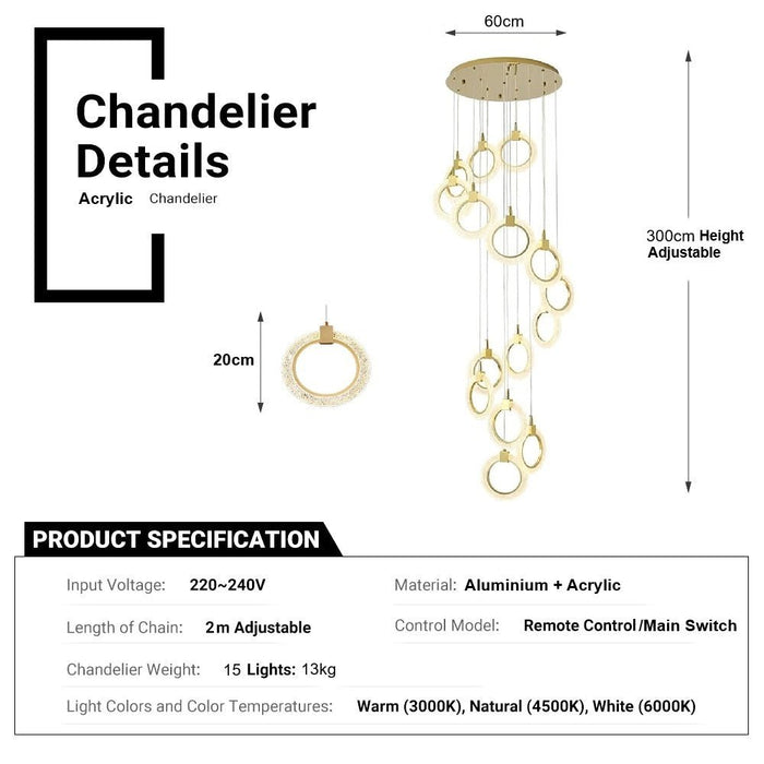 BAMDECOR LT04 15 Golden Round Acrylic Chandelier for Villa Stair Home Decoration Modern Style Exquisite Chandelier (Gold) - Amazingooh Wholesale