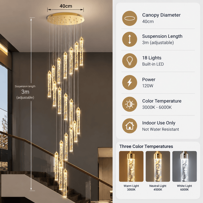 BAMDECOR LT07 Modern Cylindrical 18-Light Crystal Chandelier for Staircase Modern Led Home Decor Hanging Lamp Round Indoor Lighting Stair Cristal Light Fixture(Gold) (Copy) - Amazingooh Wholesale