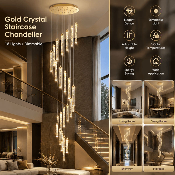 BAMDECOR LT07 Modern Cylindrical 18-Light Crystal Chandelier for Staircase Modern Led Home Decor Hanging Lamp Round Indoor Lighting Stair Cristal Light Fixture(Gold) (Copy) - Amazingooh Wholesale