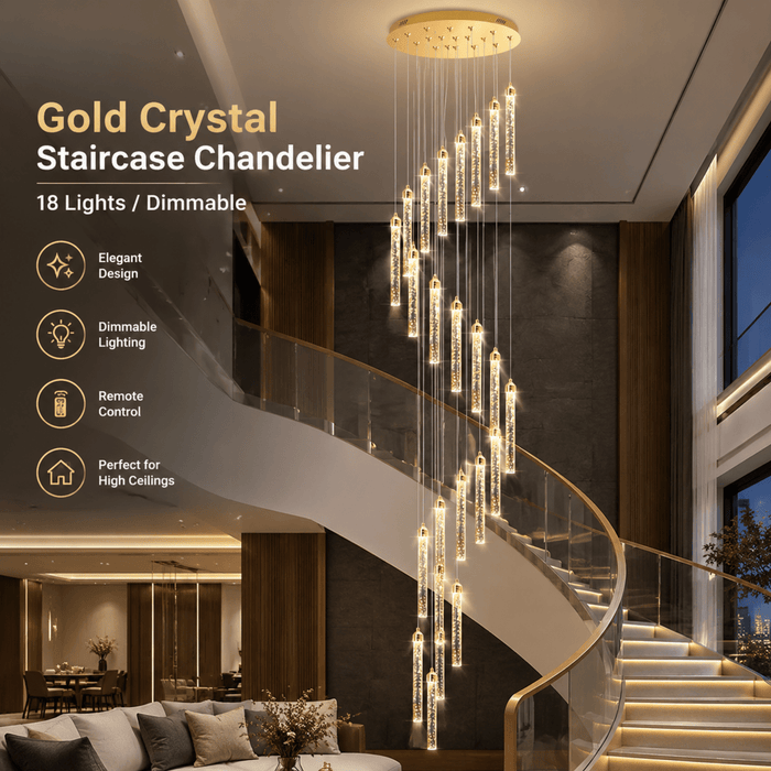 BAMDECOR LT07 Modern Cylindrical 18-Light Crystal Chandelier for Staircase Modern Led Home Decor Hanging Lamp Round Indoor Lighting Stair Cristal Light Fixture(Gold) (Copy) - Amazingooh Wholesale