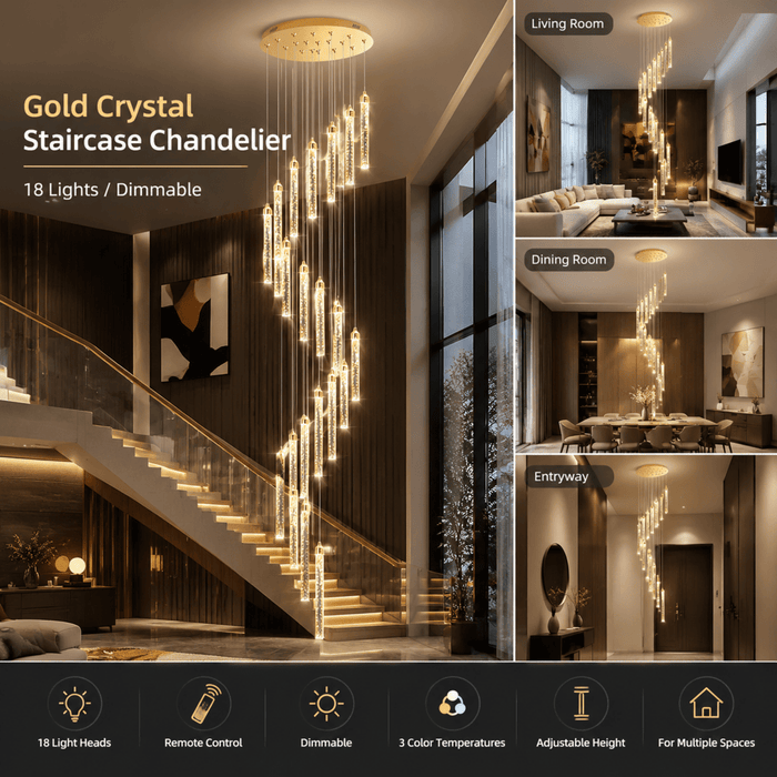 BAMDECOR LT07 Modern Cylindrical 18-Light Crystal Chandelier for Staircase Modern Led Home Decor Hanging Lamp Round Indoor Lighting Stair Cristal Light Fixture(Gold) (Copy) - Amazingooh Wholesale