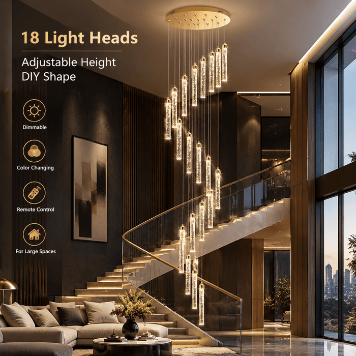 BAMDECOR LT07 Modern Cylindrical 18-Light Crystal Chandelier for Staircase Modern Led Home Decor Hanging Lamp Round Indoor Lighting Stair Cristal Light Fixture(Gold) (Copy) - Amazingooh Wholesale