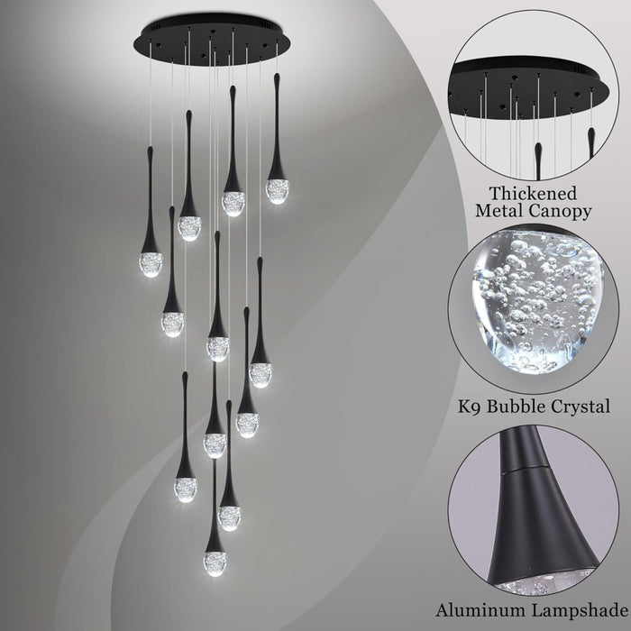 BAMDECOR LT08 12 - Heads Solid Crystal Teardrop Chandelier High Ceiling Foyers Entrance Chandeliers Staircase Long Pendant Light (Black) - Amazingooh Wholesale