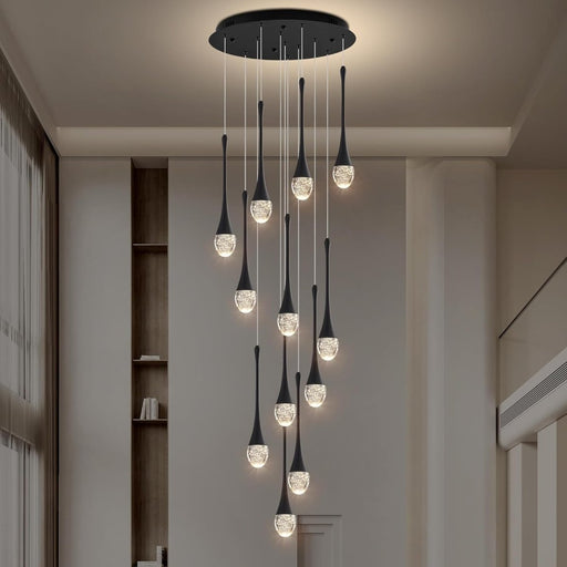 BAMDECOR LT08 12 - Heads Solid Crystal Teardrop Chandelier High Ceiling Foyers Entrance Chandeliers Staircase Long Pendant Light (Black) - Amazingooh Wholesale