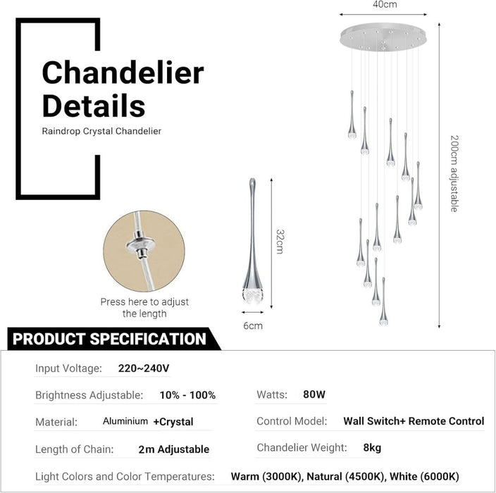 BAMDECOR LT08 12 - Heads Solid Crystal Teardrop Chandelier High Ceiling Foyers Entrance Chandeliers Staircase Long Pendant Light (Chrome) - Amazingooh Wholesale