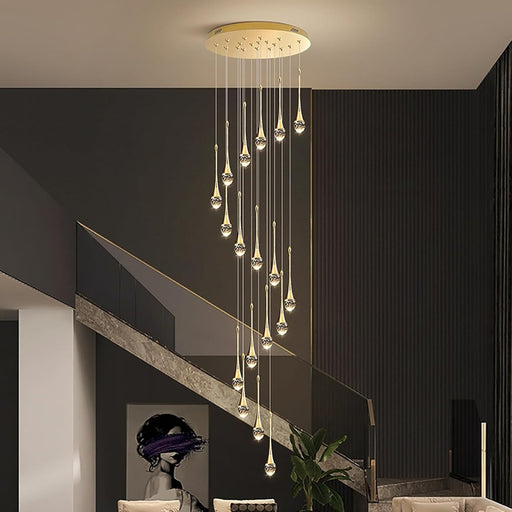BAMDECOR LT08 18 - Heads Solid Crystal Teardrop Chandelier High Ceiling Foyers Entrance Chandeliers Staircase Long Pendant Light (Gold) - Amazingooh Wholesale