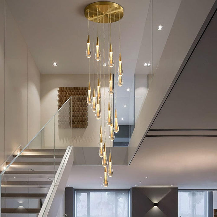BAMDECOR LT12 18-Heads Solid Crystal Rain drop Chandelier High Ceiling Foyers Entrance Chandeliers Staircase Long Pendant Light (Gold) - Amazingooh Wholesale