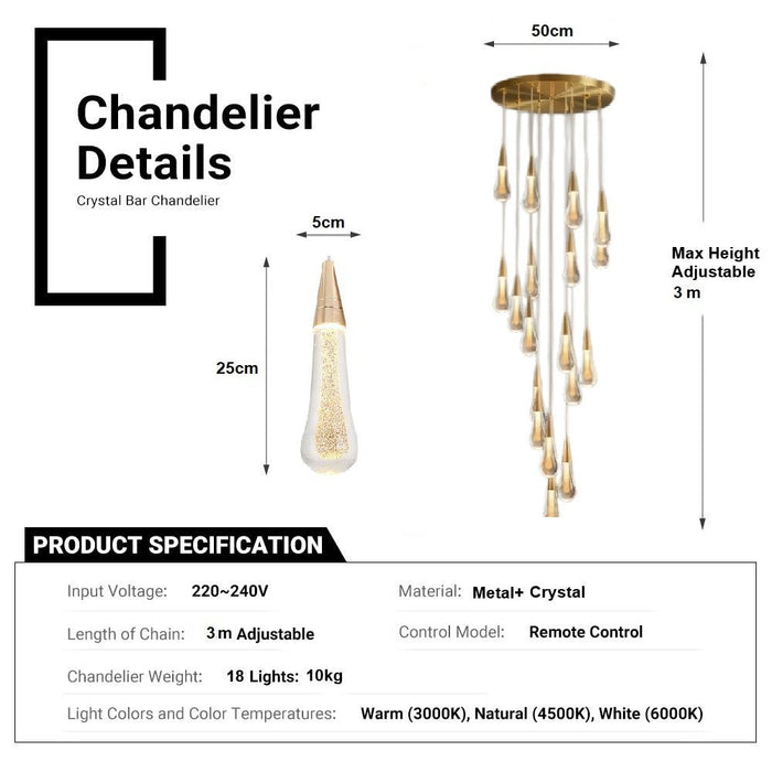 BAMDECOR LT12 18-Heads Solid Crystal Rain drop Chandelier High Ceiling Foyers Entrance Chandeliers Staircase Long Pendant Light (Gold) - Amazingooh Wholesale