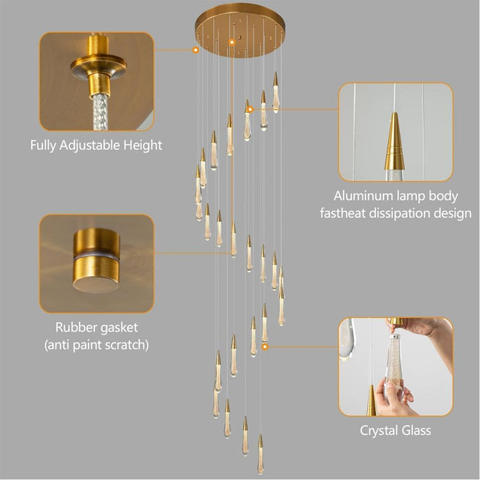 BAMDECOR LT12 18-Heads Solid Crystal Rain drop Chandelier High Ceiling Foyers Entrance Chandeliers Staircase Long Pendant Light (Gold) - Amazingooh Wholesale