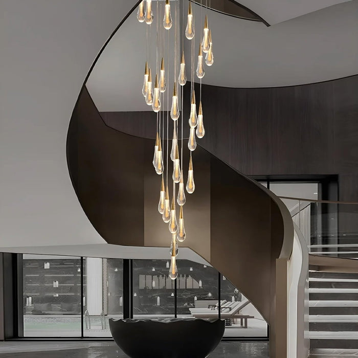 BAMDECOR LT12 18-Heads Solid Crystal Rain drop Chandelier High Ceiling Foyers Entrance Chandeliers Staircase Long Pendant Light (Gold) - Amazingooh Wholesale