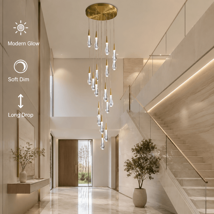 BAMDECOR LT12 18-Heads Solid Crystal Rain drop Chandelier High Ceiling Foyers Entrance Chandeliers Staircase Long Pendant Light (Silver Insert) - Amazingooh Wholesale