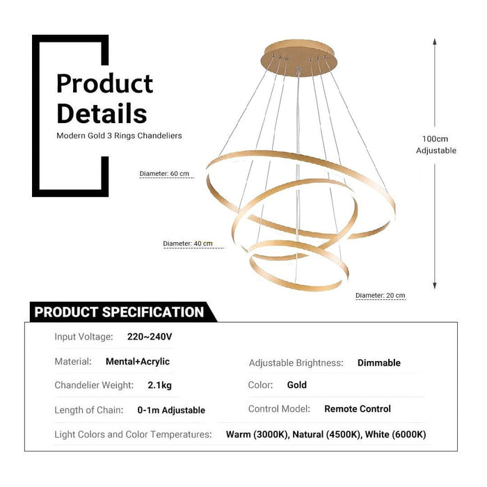 BAMDECOR Modern LED Chandelier, Dimmable Pendant Light with Remote Control Rings Round Ceiling Lighting Fixture 3 Color Temperatures Contemporary Chandeliers (3 Rings - Gold) - Amazingooh Wholesale