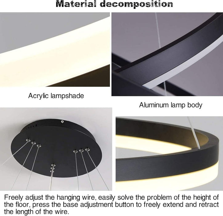 BAMDECOR Modern LED Chandelier, Dimmable Pendant Light with Remote Control Rings Round Ceiling Lighting Fixture 3 Color Temperatures Contemporary Chandeliers (3 Rings - Black) - Amazingooh Wholesale