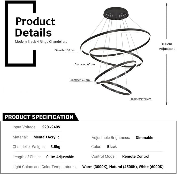 BAMDECOR Modern LED Chandelier, Dimmable Pendant Light with Remote Control Rings Round Ceiling Lighting Fixture 3 Color Temperatures Contemporary Chandeliers (4 Rings - Black) - Amazingooh Wholesale