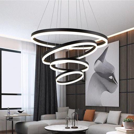 BAMDECOR Modern LED Chandelier, Dimmable Pendant Light with Remote Control Rings Round Ceiling Lighting Fixture 3 Color Temperatures Contemporary Chandeliers (4 Rings - Black) - Amazingooh Wholesale