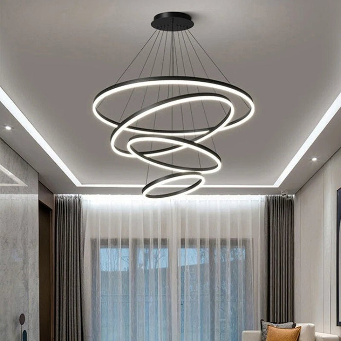 BAMDECOR Modern LED Chandelier, Dimmable Pendant Light with Remote Control Rings Round Ceiling Lighting Fixture 3 Color Temperatures Contemporary Chandeliers (4 Rings - Black) - Amazingooh Wholesale