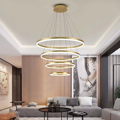 BAMDECOR Modern LED Chandelier, Dimmable Pendant Light with Remote Control Rings Round Ceiling Lighting Fixture 3 Color Temperatures Contemporary Chandeliers (4 Rings - Gold) - Amazingooh Wholesale