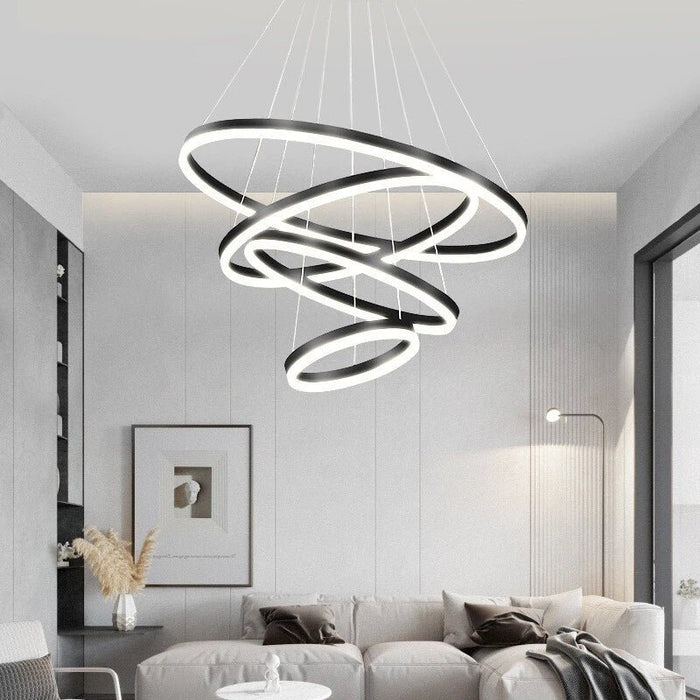 BAMDECOR Modern LED Chandelier, Dimmable Pendant Light with Remote Control Rings Round Ceiling Lighting Fixture 3 Color Temperatures Contemporary Chandeliers (4 Rings - Black) - Amazingooh Wholesale